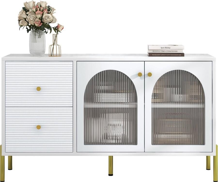 Merax 120 cm langes weiß-goldenes Sideboard mit verstellbaren Regalen und Marmorplatte Schrank mit 2 Türen und 2 Schubladen Schrank mit Glastüren