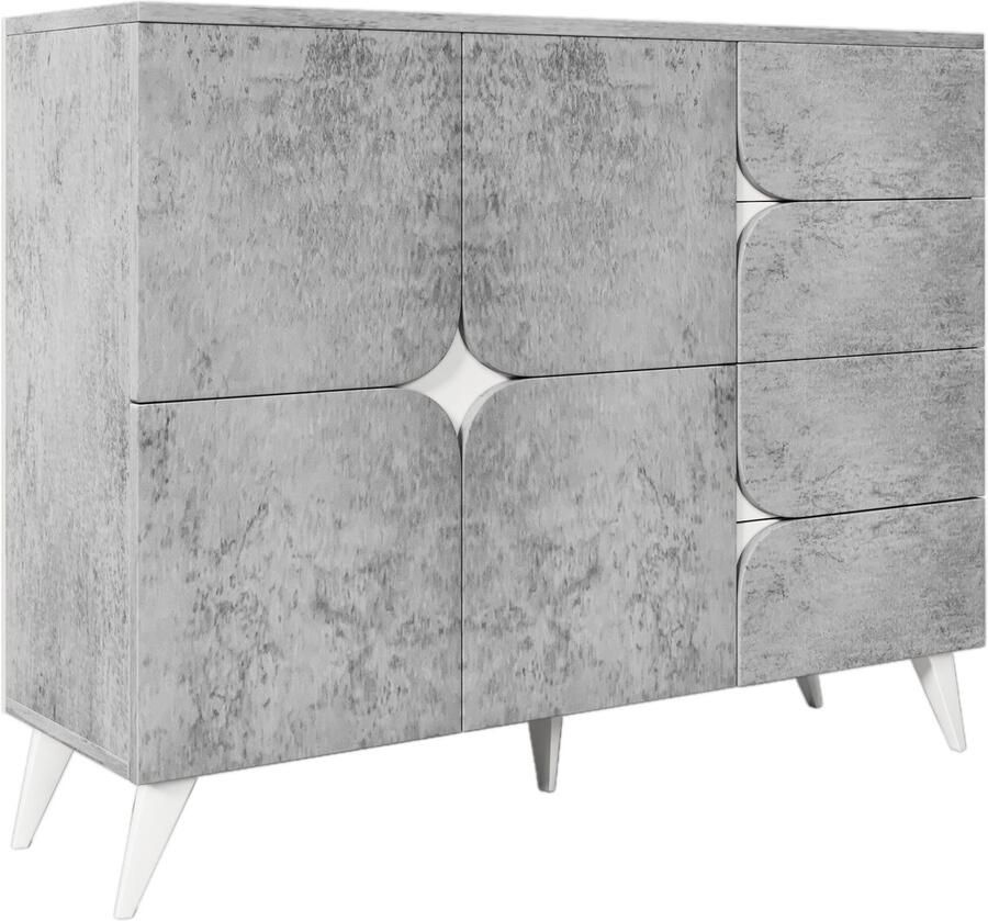 Merax Sideboard met Schuifladen en Deuren Moderne Kommode met Uniek Paneelontwerp Grijs en Wit 120x35.5x94 cm