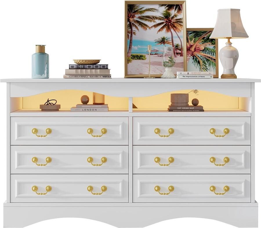 Merax Dressoir 120x40x70 cm met 6 Lades Ladekast met LED Verlichting en Open Opbergruimte Wit