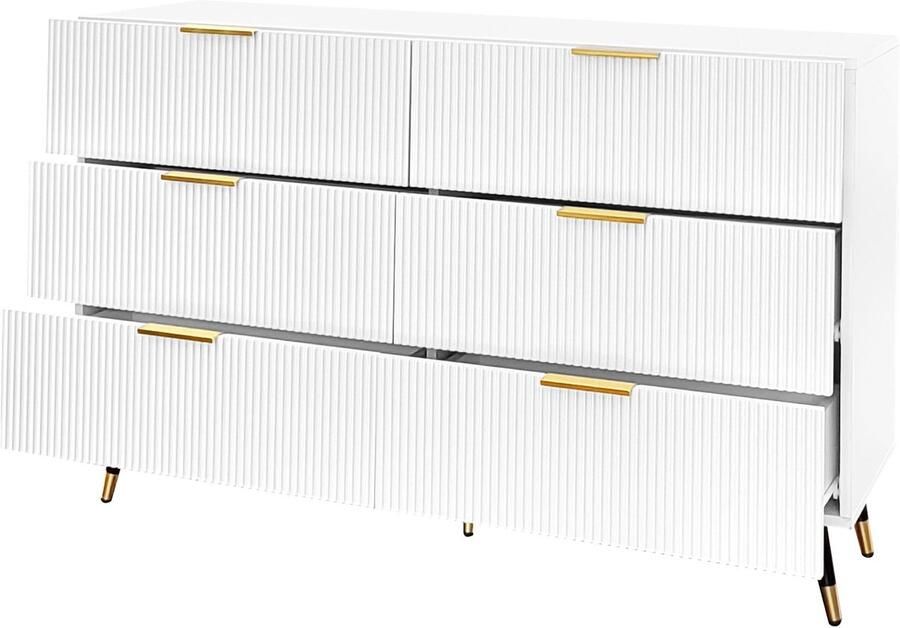 Merax Modern Sideboard Elegante Witte Kommode met 6 Schubladen en Gouden Accenten 120 x 40 x 77 cm Veel Opbergruimte voor Woonkamer Eetkamer en Slaapkamer