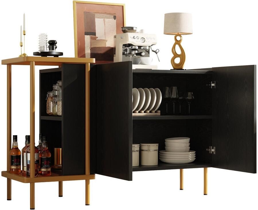 Merax Dressoir 120x40x77.5 cm – Zwarte Opbergkast met 2 Deuren en 2 Open Vakken – Modern Sideboard met Glasplaat en Metalen Poten – Woonkamer Slaapkamer Kantoor