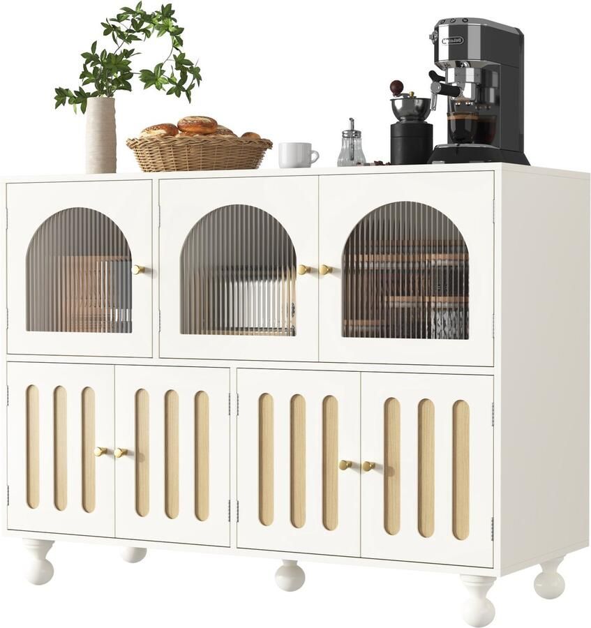 Merax Modern Dressoir voor Eetkamer Sideboard met Glazen Regenboogdeur en Klaviertasten Design Witte Opbergkast met Ronde Zuilenpoten 120 x 40 x 90 cm