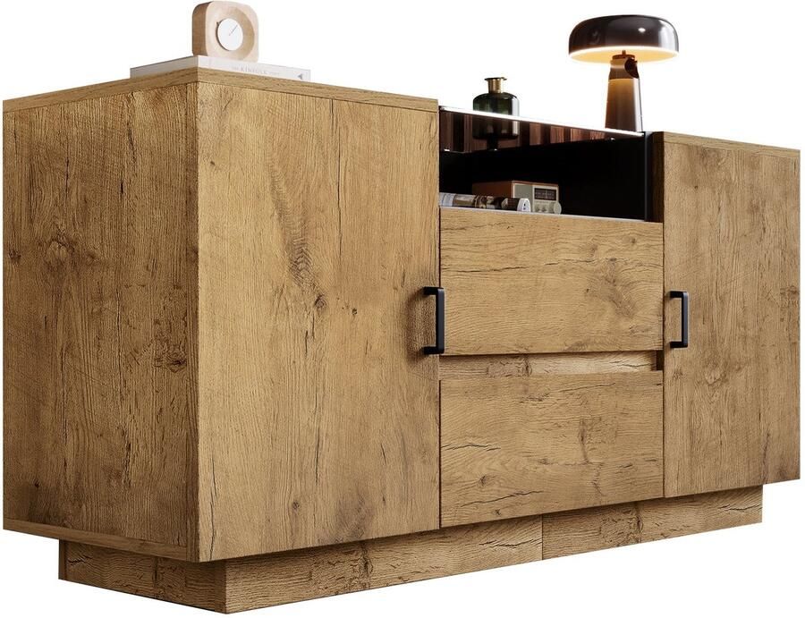 Merax Dressoir 140x40x70 cm met 2 Lades en 2 Deuren – Eikenhout Look Opbergkast met Open Vak en Verstelbare Planken – Getint ESG-Glas – Bruin met Zwarte Handgrepen