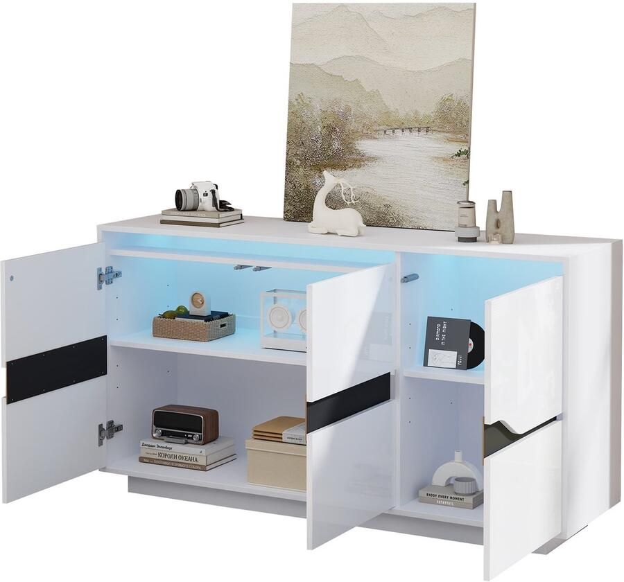 Merax Dressoir 140x40x76 cm – Hoogglans Wit & Zwart – Moderne Woonkamer Anrichte met 3 Deuren LED-Verlichting en Verstelbare Planken – Sideboard met Opbergruimte