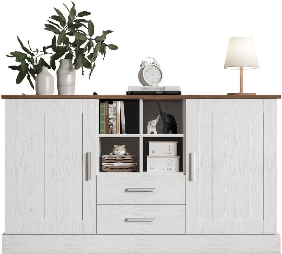 Merax Sideboard 140x40x79 5 cm – Opbergkast met 2 Deuren 2 Lades en Open Vakken – Witte en Bruine Houtlook – Modern Dressoir voor Woonkamer of Eetkamer – Softclose – MDF Kast