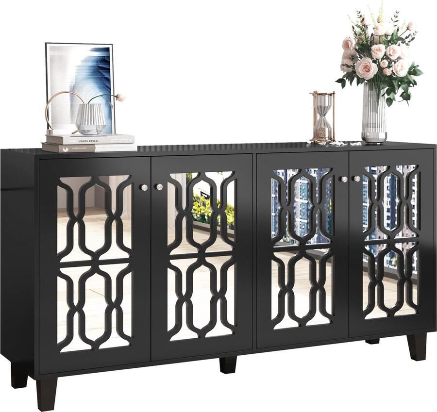 Merax zwarte spiegelkast 160x40x84 cm – dressoir met 4 deuren kristallen grepen en verstelbaar laminaat – geschikt voor woon- en eetkamer - Foto 2