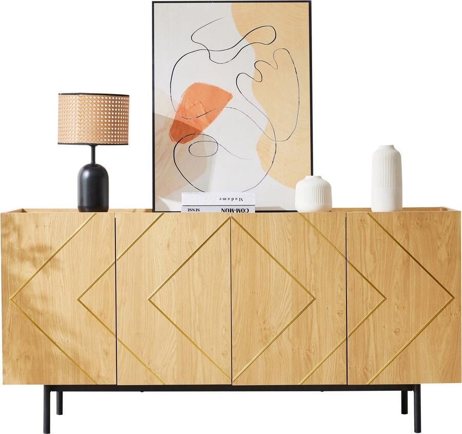 Merax Sideboard Buffetkast met 4 Deuren en Metaalinleg – Stijlvolle Anrichte Beistellkast Standschrank in Natuurlijk Hout (78 cm Hoog)