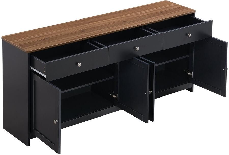 Merax Dressoir 160 cm – Met 4 Deuren & 3 Lades – Buffetkast in Houtlook & Grijs-Zwart – Voor Woonkamer & Eetkamer