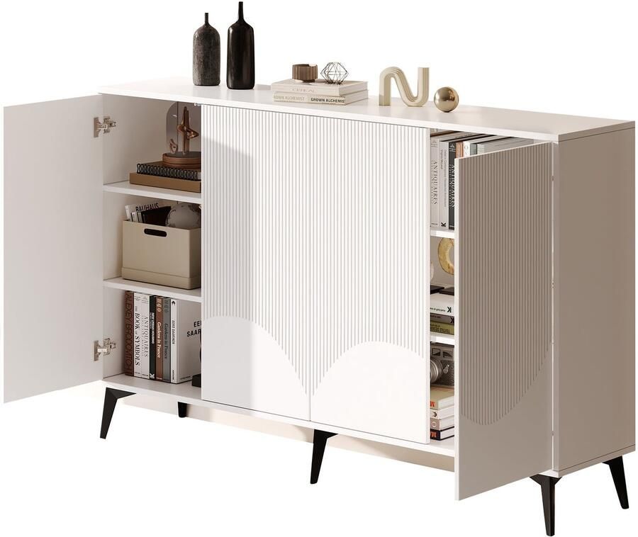 Merax Dressoir 160 cm – Wit – 4 Deuren – Push-to-Open – Kast met Metalen Poten