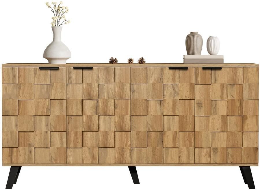 Merax Dressoir 160x35x78 cm Moderne Opbergkast met 4 Deuren Houten Sideboard met Zwarte Poten en Handgrepen Geschikt voor Woonkamer Slaapkamer en Eetkamer