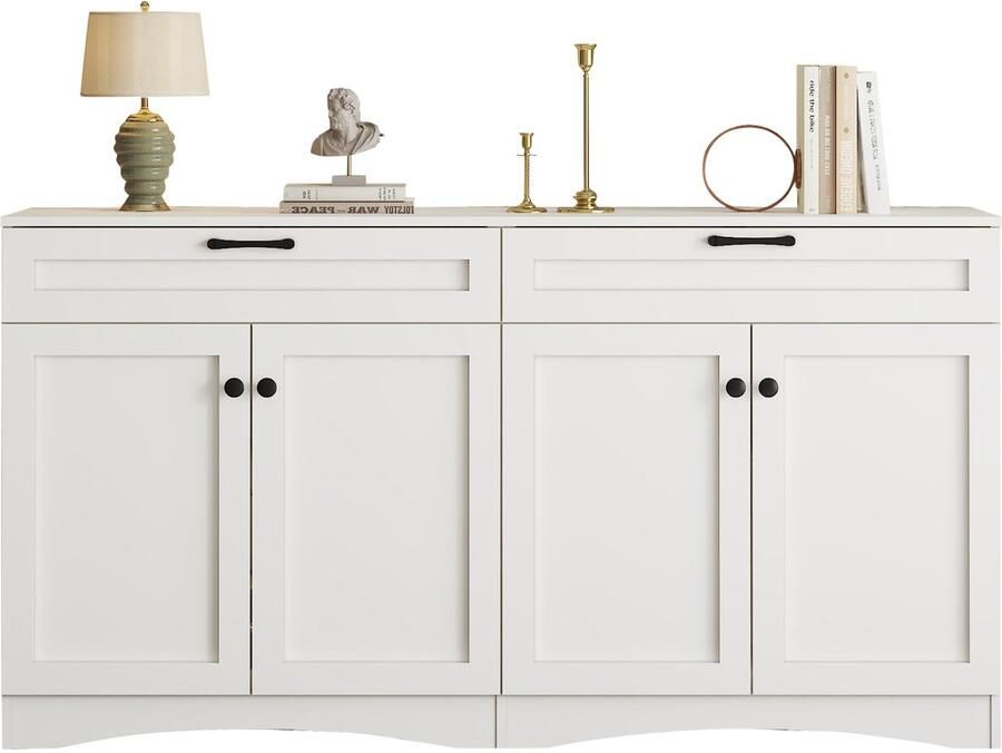 Merax Dressoir 160x40x85 cm – Witte Opbergkast met 2 Laden en 2 Grote Kasten – Sideboard met 7 Vakken en Zwart Handvat – Moderne Kast voor Woonkamer of Eetkamer