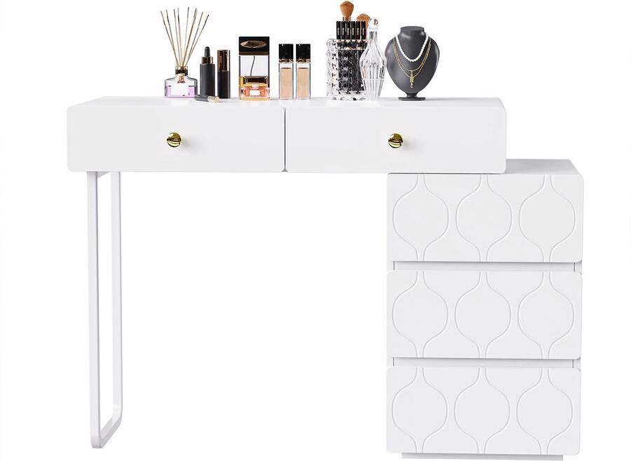 Merax Dressoir 5 lades zonder spiegel en kruk kasten en poten verwisselbaar links en rechts 90x 40 x 73 5 cm golfpatroon ladekast wit