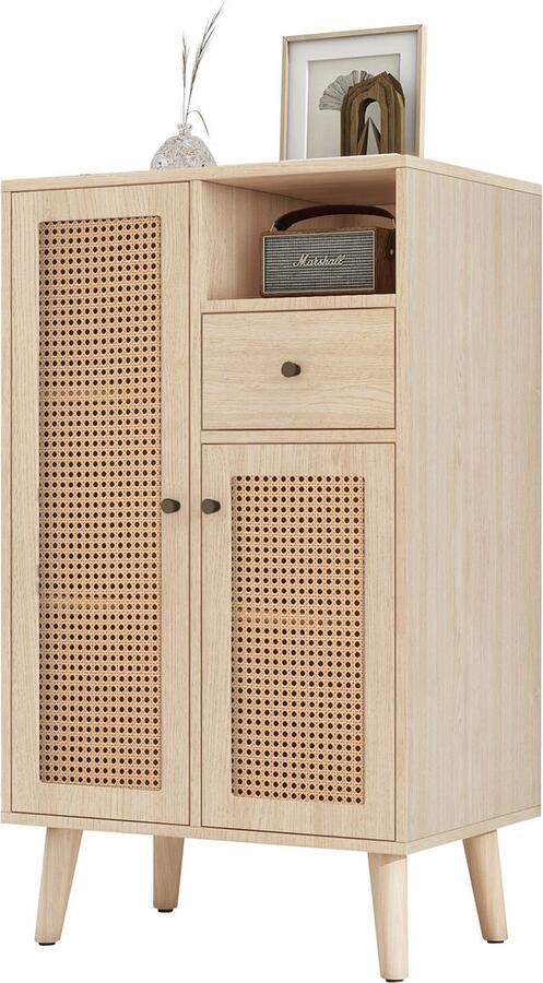 Merax Sideboard in Houtlook met 2 Rattandeuren en 1 Schublade – Dressoir Opbergkast voor Woonkamer Keuken Kantoor – 60x40x101 cm Eikenkleur - Foto 2