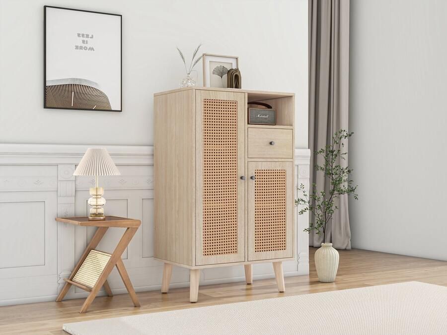 Merax Sideboard in Houtlook met 2 Rattandeuren en 1 Schublade – Dressoir Opbergkast voor Woonkamer Keuken Kantoor – 60x40x101 cm Eikenkleur