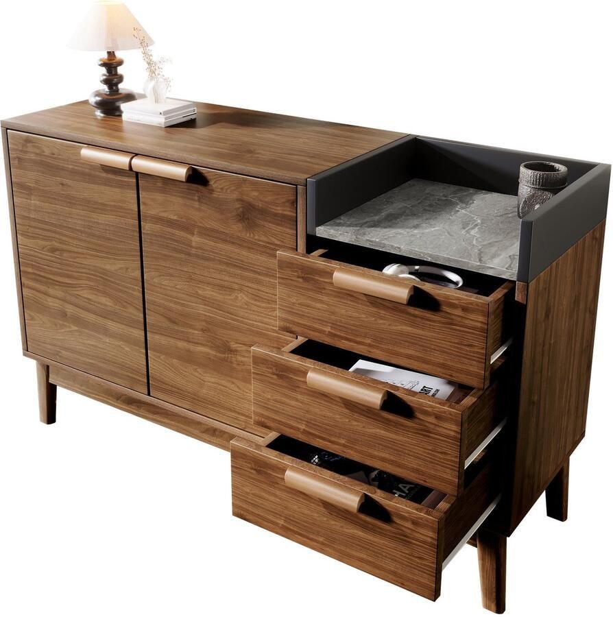 Merax Woonkamerkommode Eiken Decor met Marmerplaat Open Plank + 3 Lades & Dubbele Deur Kast Verstelbare Binnenplanken Massief Houten Poten H77 B120 T40 cm