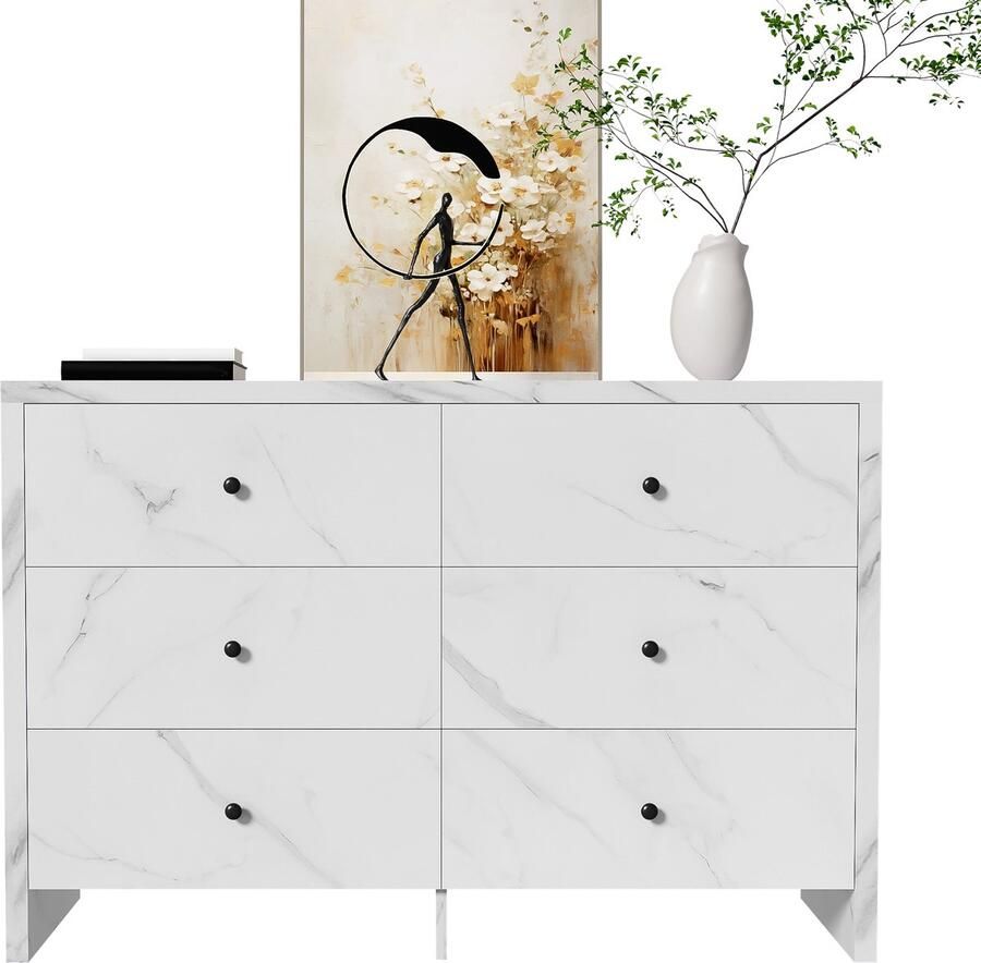 Merax Dressoir elegante opbergkast met marmereffect 6 lades en zwart houten handvat Anti-kantelinrichting