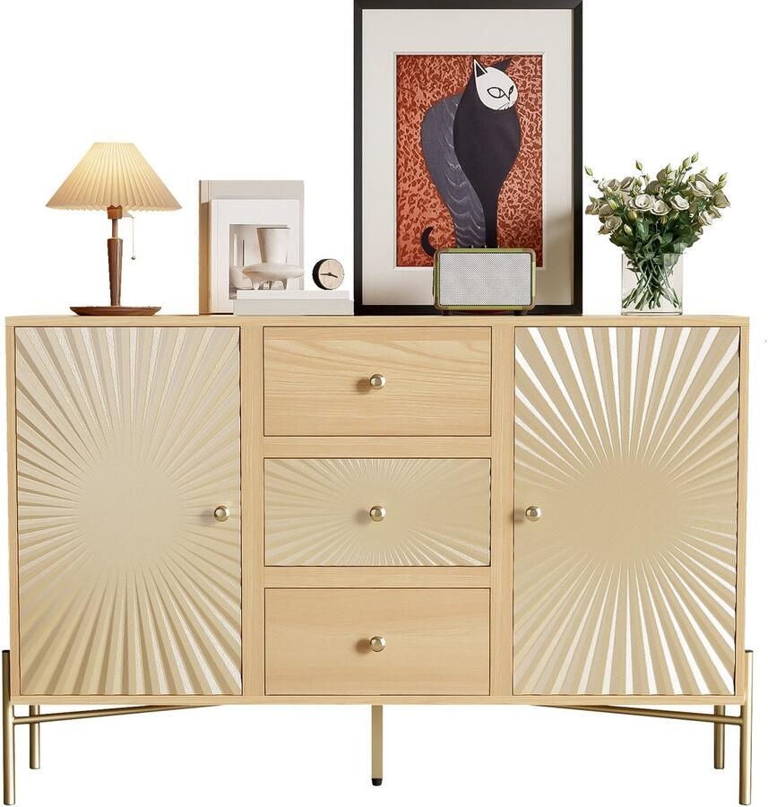 Merax Dressoir Hoog Sideboard met Deuren en Lades Houten Opbergkast met Zonnestraal-Design en Softclose 123 5 cm Modern en Luxe