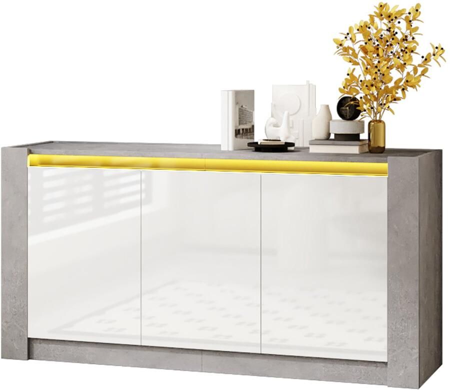 Merax Dressoir hoogglans kast in bijpassende kleur greeploos ontwerp met dempende scharnieren en verstelbare legplanken wit