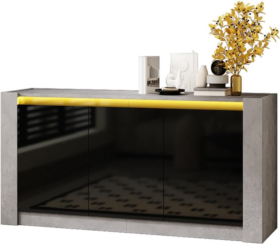 Merax Dressoir hoogglans kast in bijpassende kleur greeploos ontwerp met dempende scharnieren en verstelbare legplanken Zwart