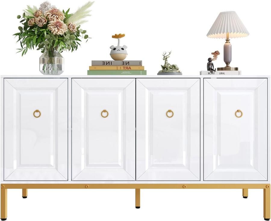 Merax Sideboard Hoogglans Witte Opbergkast met Gouden Handgrepen en Poten 140x80x40cm