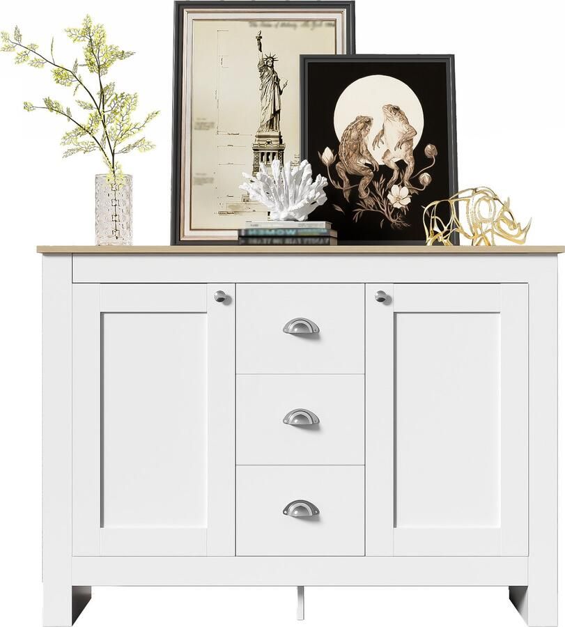 Merax Dressoir Houten Sideboard met 2 Deuren en 3 Lades Kast met Softclose Verstelbaar Legplankje en Zilverkleurige Handgrepen Wit