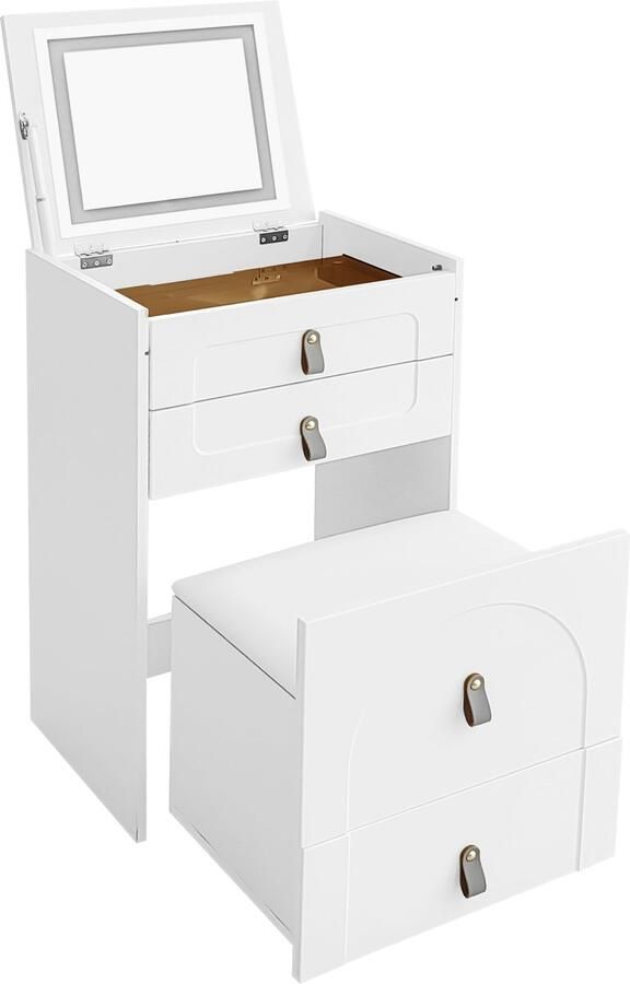 Merax Dressoir inclusief make-up krukje multifunctioneel opbergkrukje nachtkastje met spiegel en LED verlichting met 3 lades wit