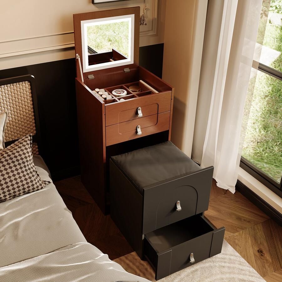 Merax Dressoir inclusief make-up krukje multifunctioneel opbergkrukje nachtkastje spiegel en LED verlichting met 3 lades zwartbruin