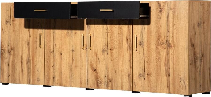 Merax Dressoir – Keukenkast en Opbergkast met 4 Deuren 2 Lades en Veel Opbergruimte – 208x39 5x80 cm – Wit Bruin – Geschikt als Buffetkast of TV-Meubel