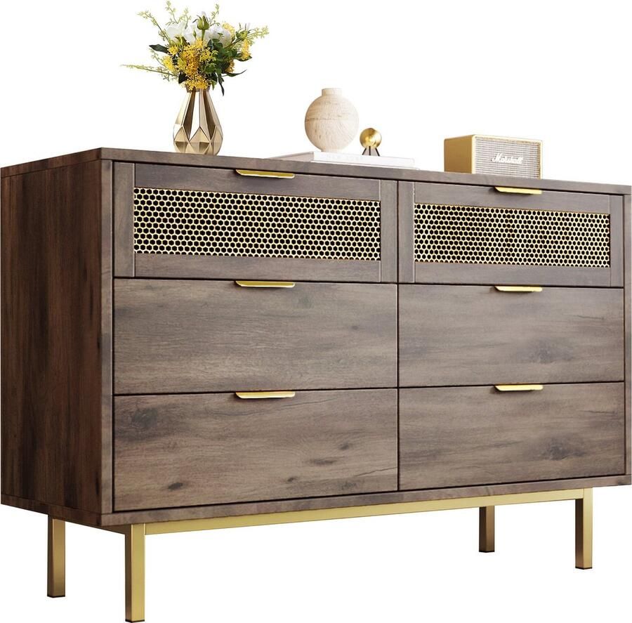 Merax Dressoir Kommode met 6 Laden 120x40x76 cm Donkerbruin Houten Opbergkast met Metalen Handgrepen voor Woonkamer Slaapkamer Hal en Kinderkamer