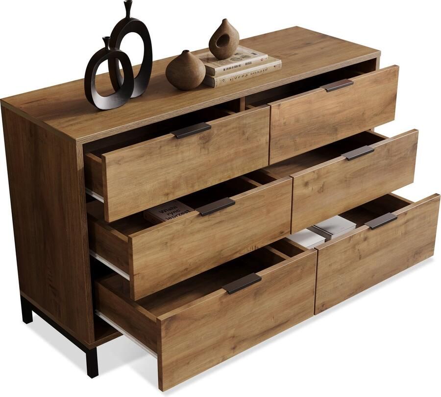 Merax Dressoir Ladekast in Donker Eiken Bruin 120 x 40 x 76 cm Industriele Kast voor Slaapkamer en Woonruimte