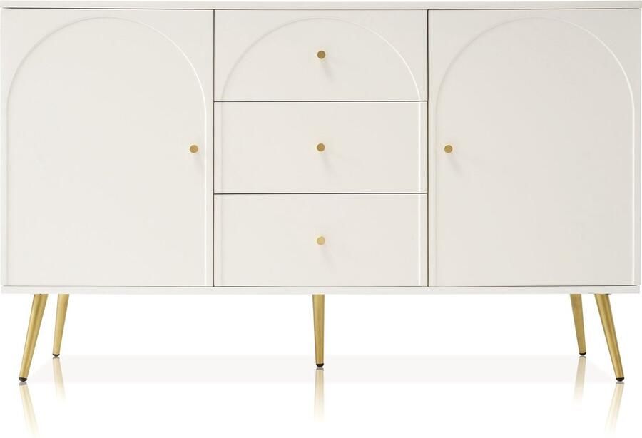 Merax Dressoir met 2 Deuren en 3 Laden Verstelbare Planken Crème-Wit H84 B140 T40 cm - Foto 2