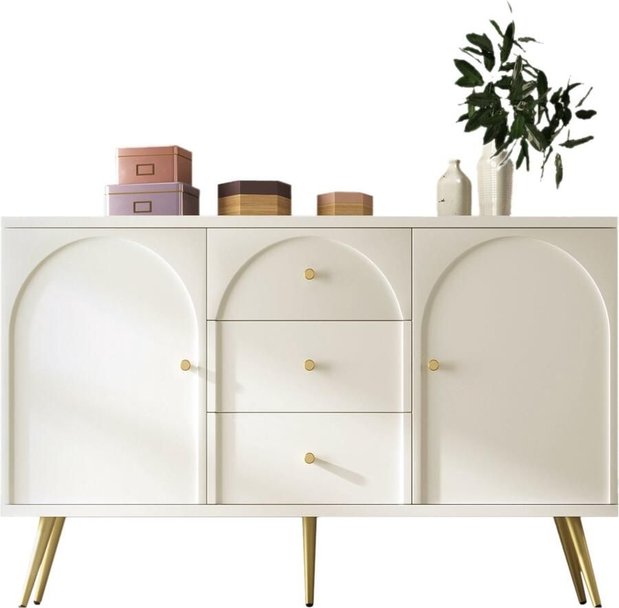 Merax Dressoir met 2 Deuren en 3 Laden Verstelbare Planken Crème-Wit H84 B140 T40 cm