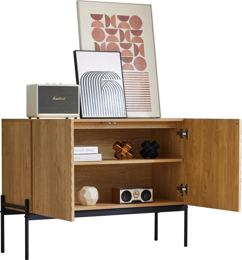 Merax dressoir met 2 deuren en metalen poten buffetkast opbergkast met lijnendesign afmetingen: H 75 cm x B 100 cm x D 40 cm - Foto 2