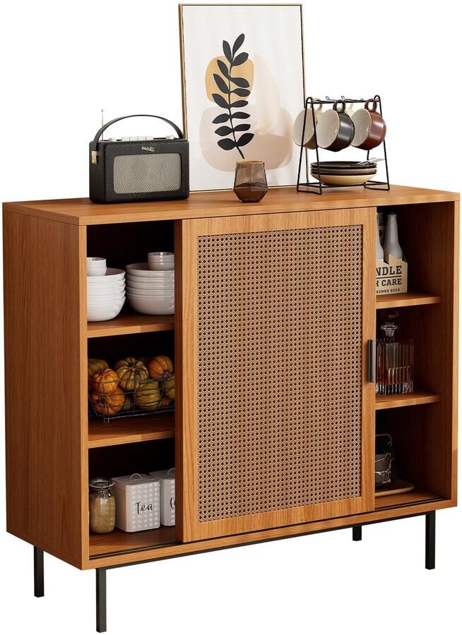 Merax Dressoir met 2 Schuifdeuren – Walnoot Bruin – 100x90x37 cm – Opbergkast met Verstelbare Legplank – Landelijke Stijl