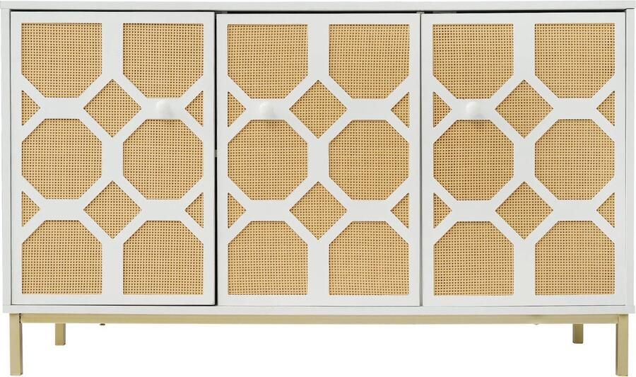 Merax Dressoir met 3 Deuren – Rattanstructuur Verstelbare Planken en Gouden Poten – Moderne Opbergkast voor Woonkamer