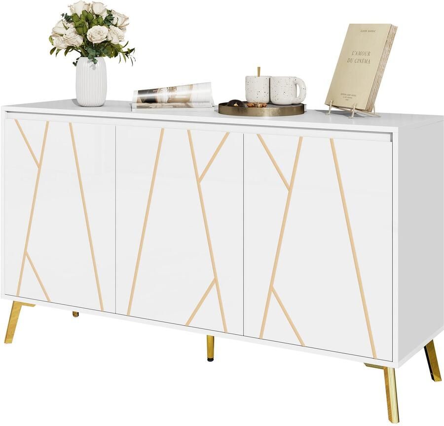 Merax Dressoir met 3 Greeploze Deuren en Verstelbare Planken Moderne Kast Wit met Goud