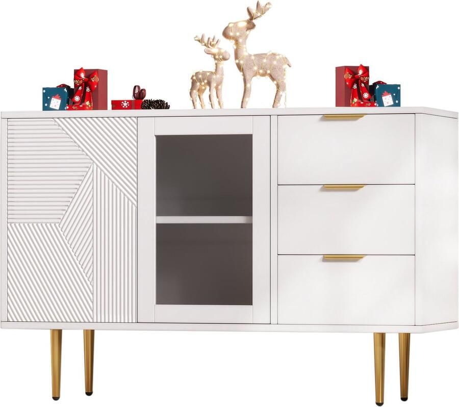 Merax Dressoir met 3 Lades en 2 Glazen Deuren – Moderne Opbergkast met Metalen Poten – Wit – 120 x 38 x 79 5 cm