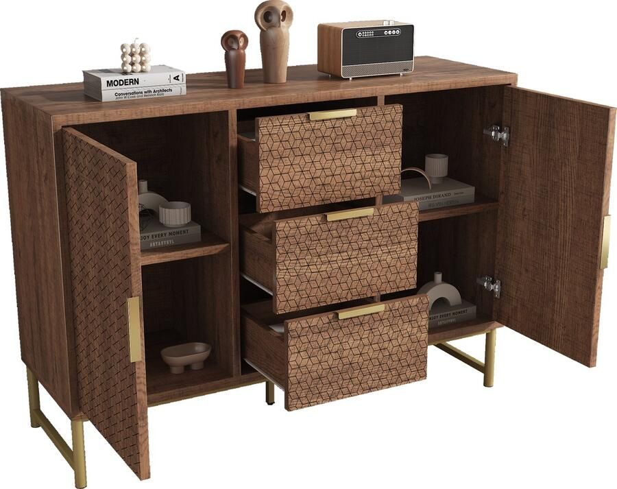 Merax Geprezen structuur commode 3 lades & 2 deuren Notenhout Verstelbare vakken Kantelvast 120 x 40 x 75 cm