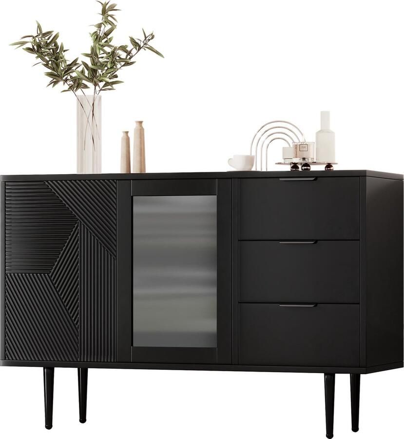 Merax Dressoir met 3 Lades en 2 Glazen Deuren – Moderne Opbergkast met Metalen Poten – Zwart – 120 x 38 x 79 5 cm