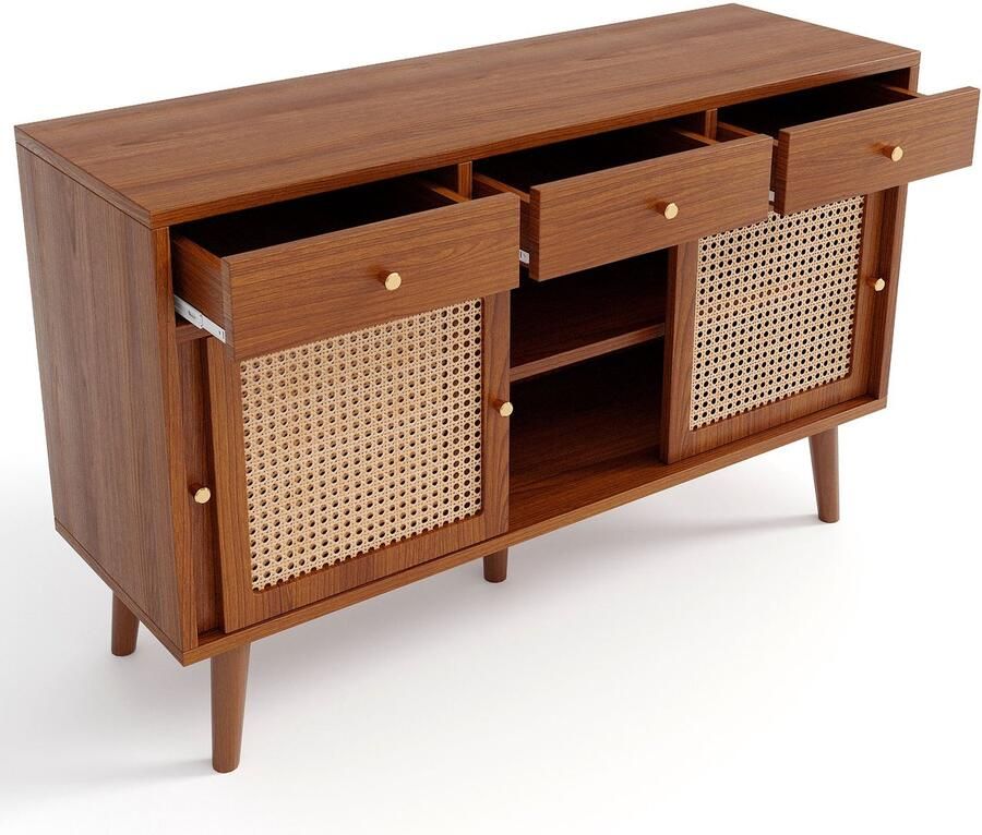 Merax Dressoir met 3 Lades en 3 Schuifdeuren – Walnootkleur – Rattan Deuren – Massief Houten Poten – Gouden Handgrepen – Verstelbare Legplanken – 120x40x78 cm