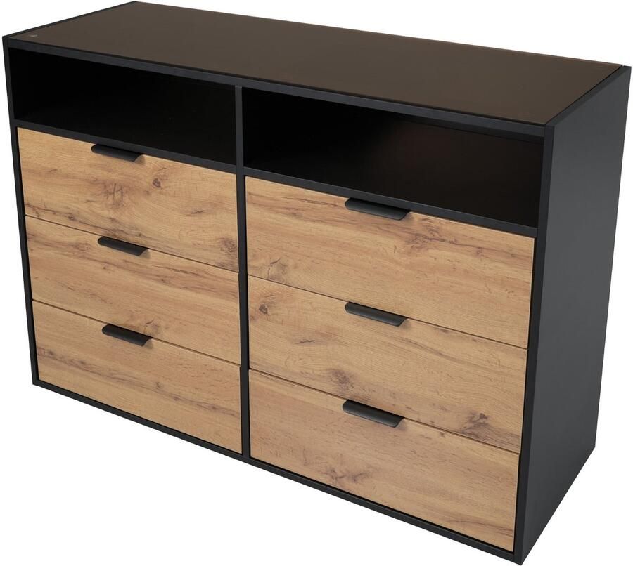 Merax Dressoir met 6 Lades en 2 Open Vakken – 120x40x80 cm – Eikenhout met Zwart en Bruin Glas – Modern Ladekast met Metalen Handgrepen en Kantelbeveiliging