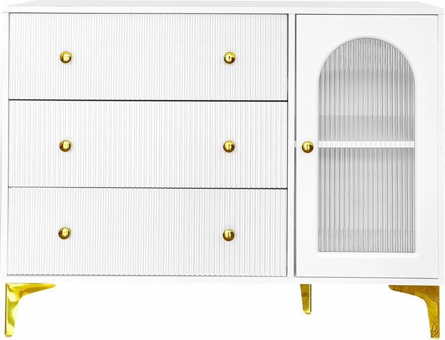 Merax Dressoir Met Glazen Deur en Unieke Wellenstructuur Schuifladen Gouden Handgrepen en Poten Wit 105 5 x 40 x 78 cm