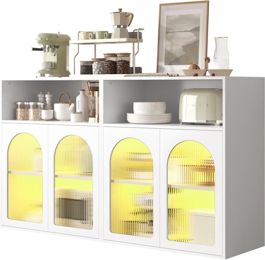 Merax Dressoir met Glazen Deuren en LED-verlichting – Opbergkast 140x35x90 cm – Witte Buffetkast voor Woonkamer Keuken of Hal – MDF Hout – Modern & Stijlvol