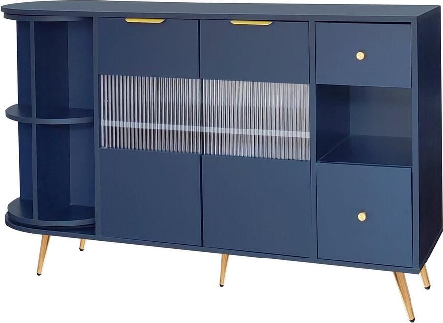 Merax Blauw Sideboard met LED-Verlichting – 130x40x80 cm – Opbergkast met Glasschuifdeuren – Dressoir & Buffetkast – Modern TV-Meubel of Keukenkast – MDF – Voor Woonkamer Hal of Eetkamer