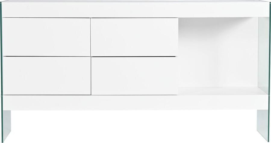 Merax Sideboard met LED-Verlichting en Glaspoten 4 Hoogglans Lades 1 Open Vak Modern Warmgrijs & Wit 140.5 cm Breed