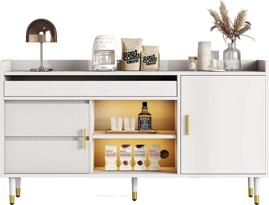 Merax Dressoir met LED-Verlichting Kast met Veelzijdige Opbergruimte en Glazen Schuifdeuren Wit - Foto 2