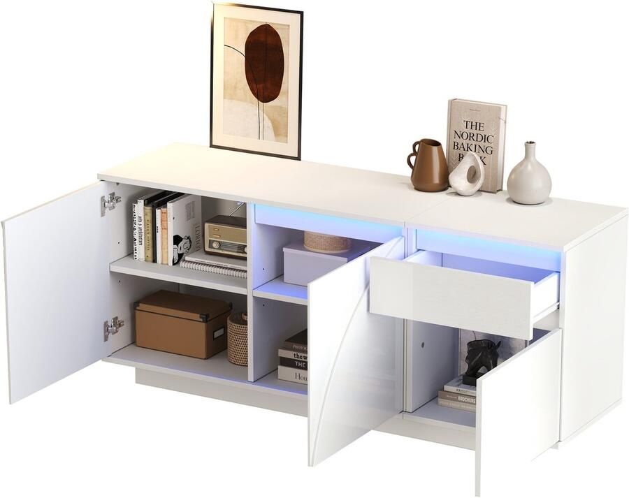 Merax Dressoir met LED Verlichting Witte Hoogglans Kast 140×40×60 cm Sideboard met 3 Kasten en 1 Lade Verstelbare Planken Modern Woonkamerdressoir