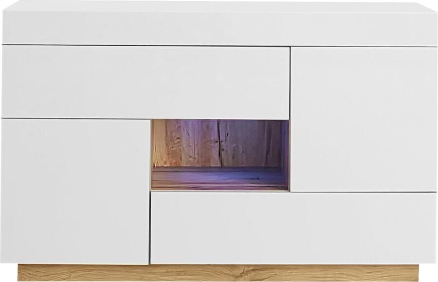 Merax Dressoir met Open Vak Hoogglans Wit met Bruin Lade en Deuren 16 Kleuren LED Verlichting 120x37x76 5 cm