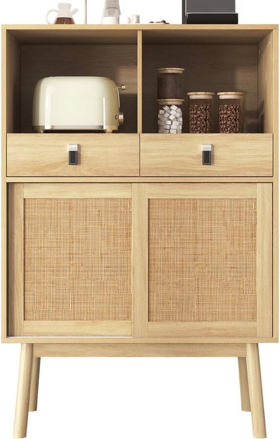 Merax Sideboard 80x39 5x120 cm met Rattan Deuren Twee Schubladen Twee Open Vakken en 28 cm Hoge Poten Modern Dressoir in Houtkleur