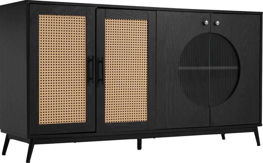 Merax Dressoir met Rattan Deuren en Glaspanelen – Halfronde Deuren – Stijlvolle Opbergkast – 160x40x80 cm